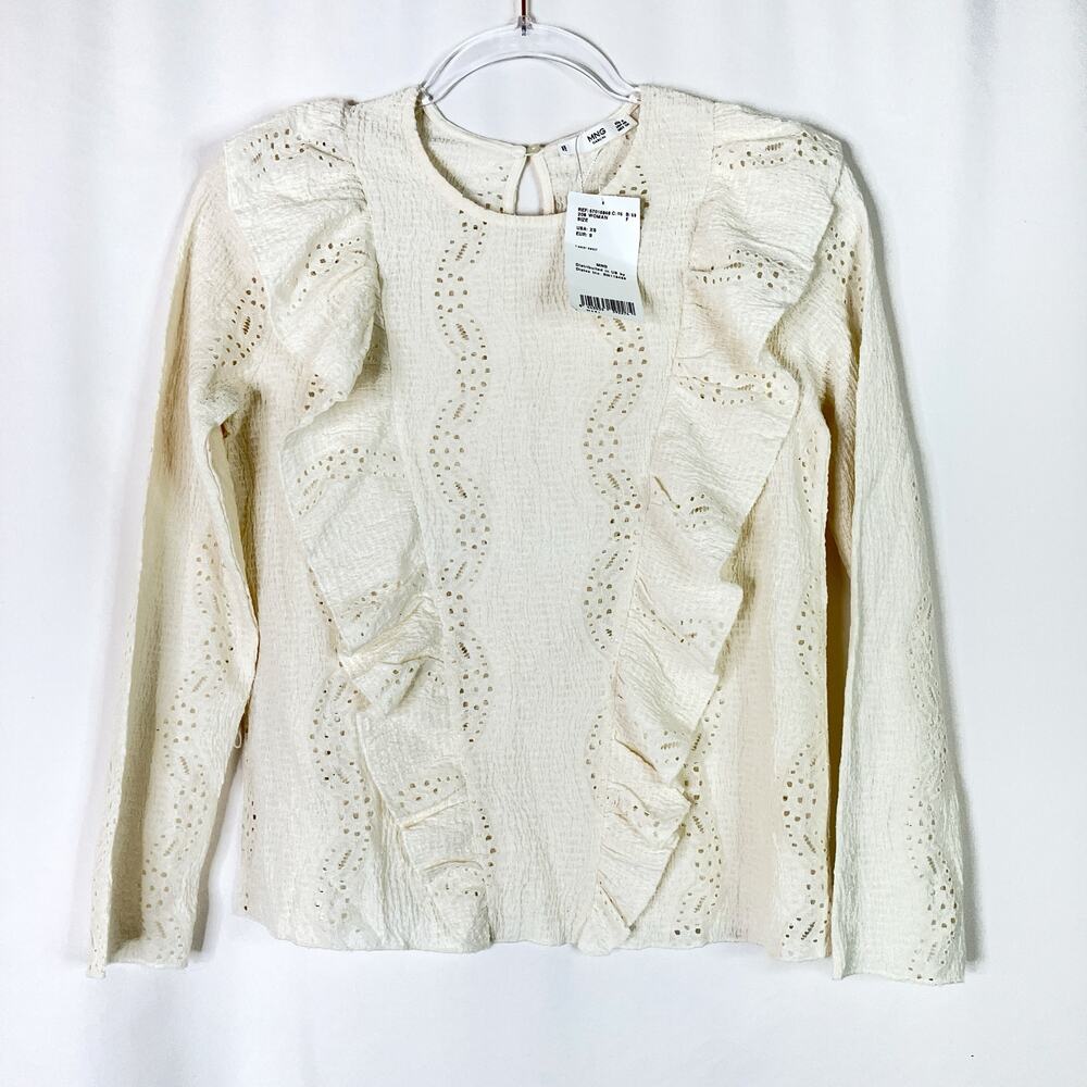 Mango MNG Casual | Cream Eyelet Long Sleeve Blouse NWT Womens XS